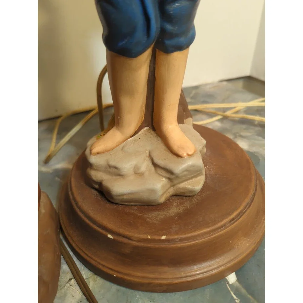 (2) Vintage Large 2' Tall Hand Painted Ceramic Table Lamp Boy With Puppies